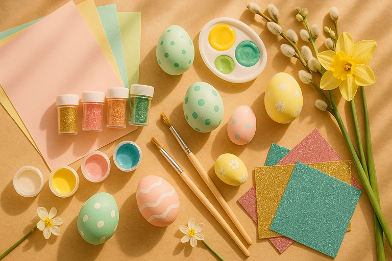 Easter egg decorating flat lay with painted eggs, paint pots, glitter, paintbrushes, pastel papers, and spring flowers