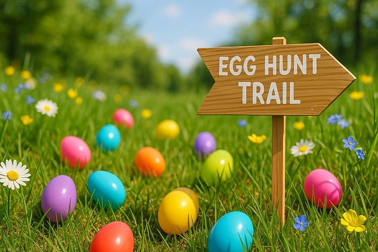 Colorful Easter eggs scattered in green grass with wildflowers and a wooden 'Egg Hunt Trail' sign