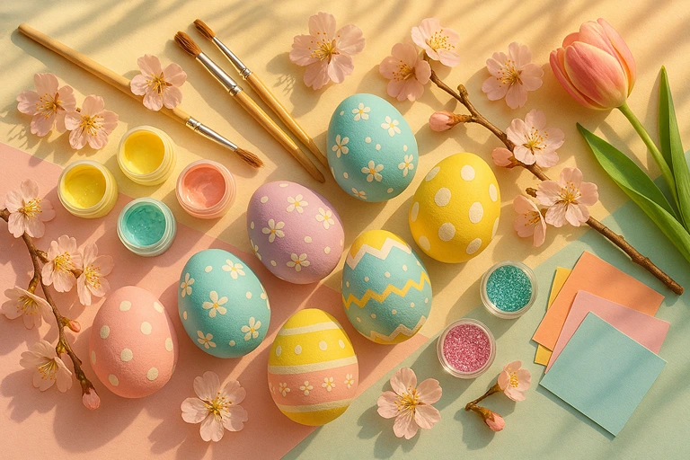 Pastel painted Easter eggs with floral patterns arranged with cherry blossoms, paint containers, and spring decorations