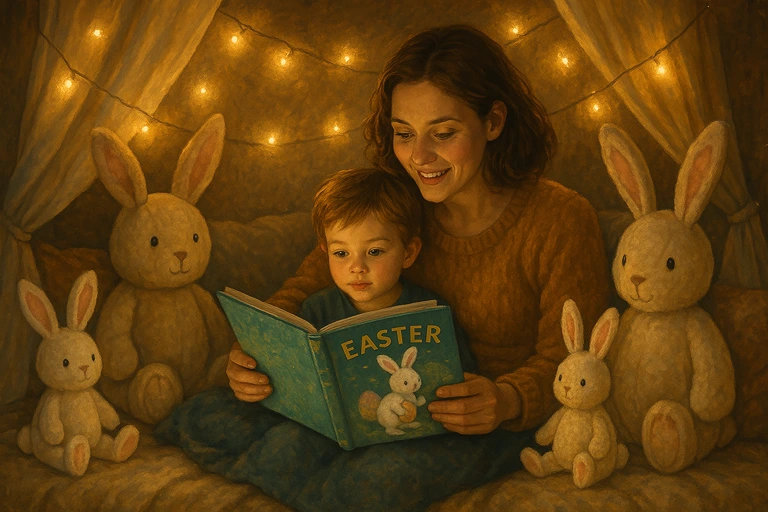 Woman reading an Easter storybook to a young child surrounded by stuffed bunny toys in a cozy tent with string lights