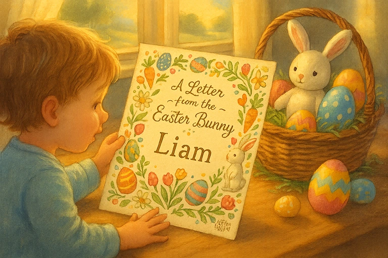 Illustrated personalized letter from the Easter Bunny with decorative spring elements, decorated eggs and a plush bunny in a basket