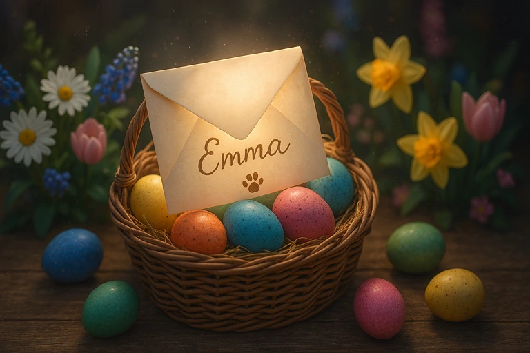 Magical Easter basket with personalized envelope marked 'Emma' with bunny paw print, surrounded by colorful eggs and spring flowers in soft lighting