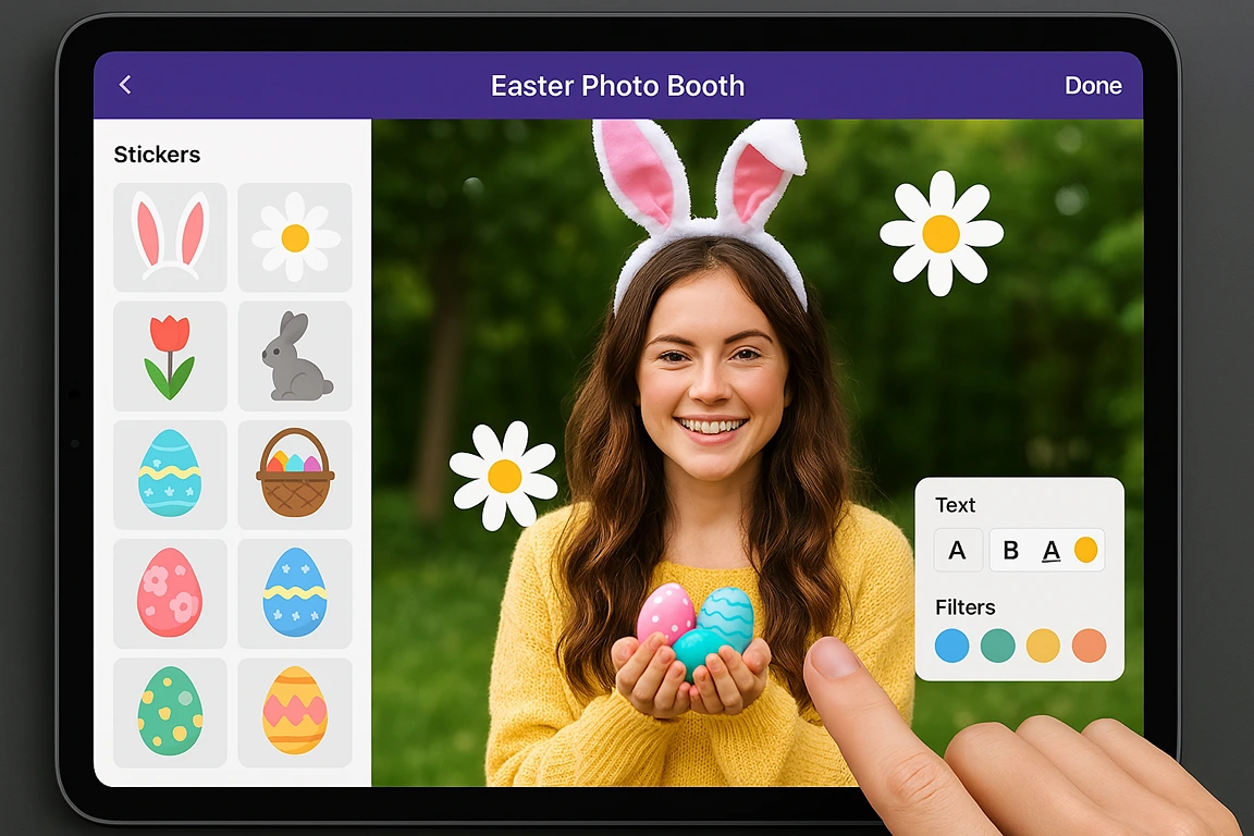 Person using Easter photo booth app on tablet with bunny ears, flowers, and egg stickers